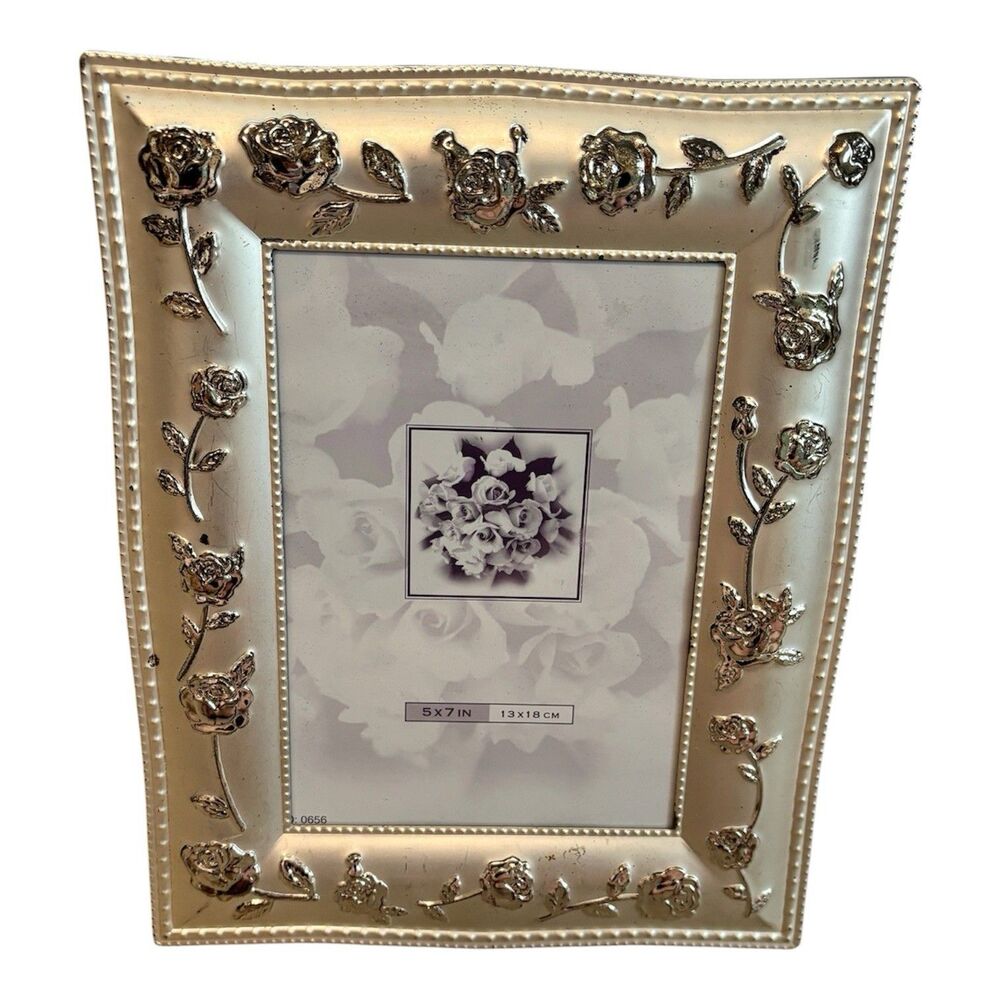 Vintage Style 5x7 Rose Picture Frame Ivory Silver Floral Enamel Shabby Chic READ